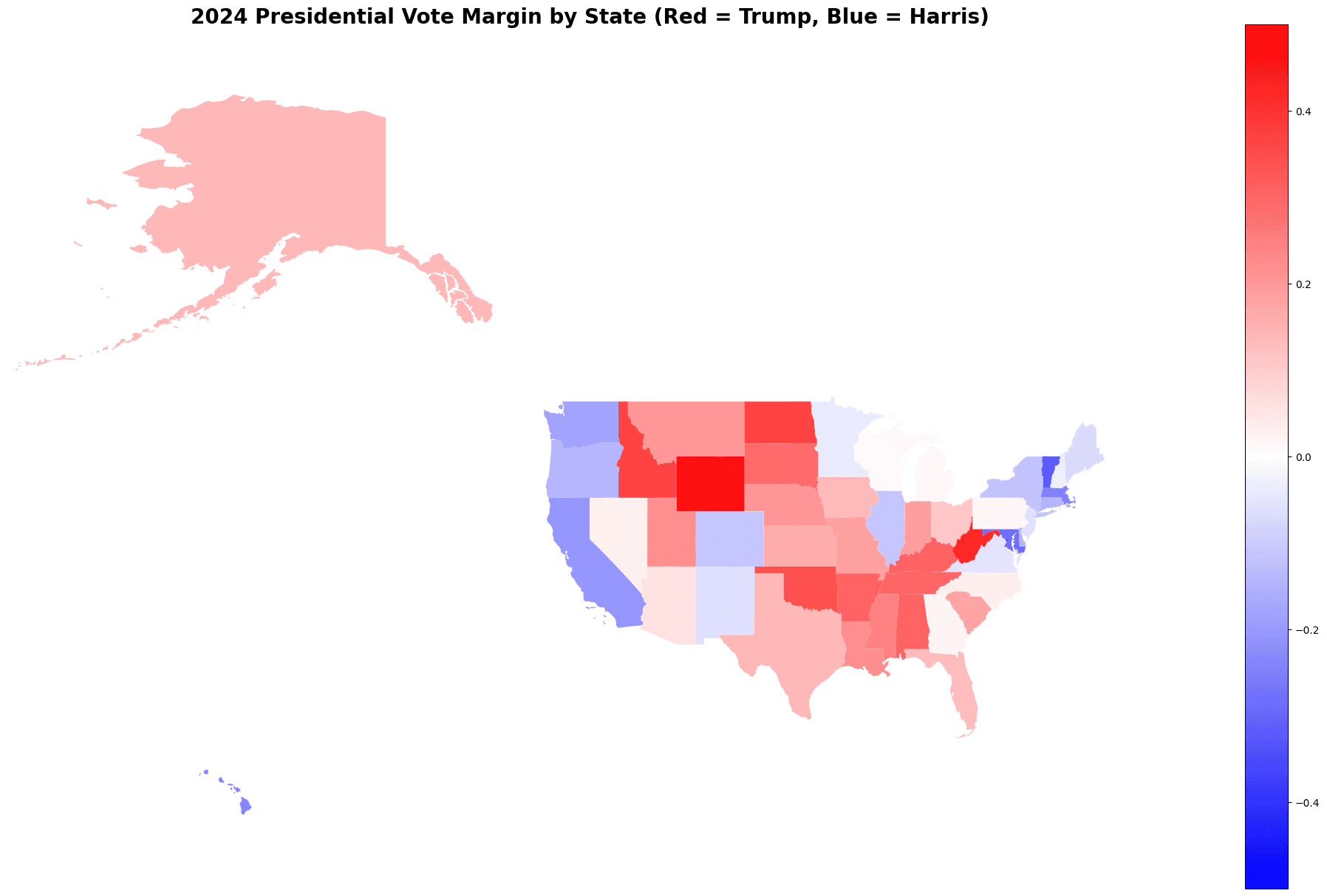 US choropleth map of 2024 presidential election results by state