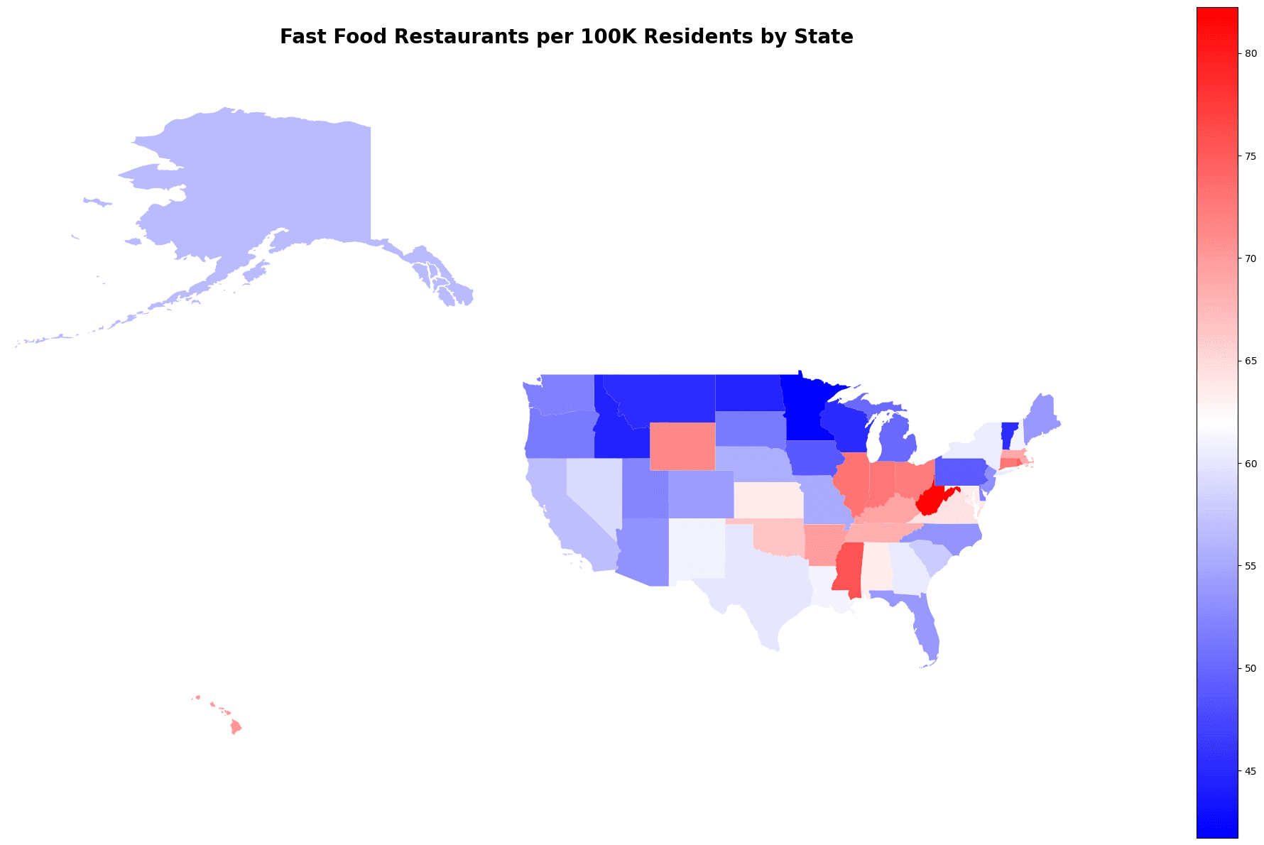 US choropleth map of fast food density per 100,000 residents