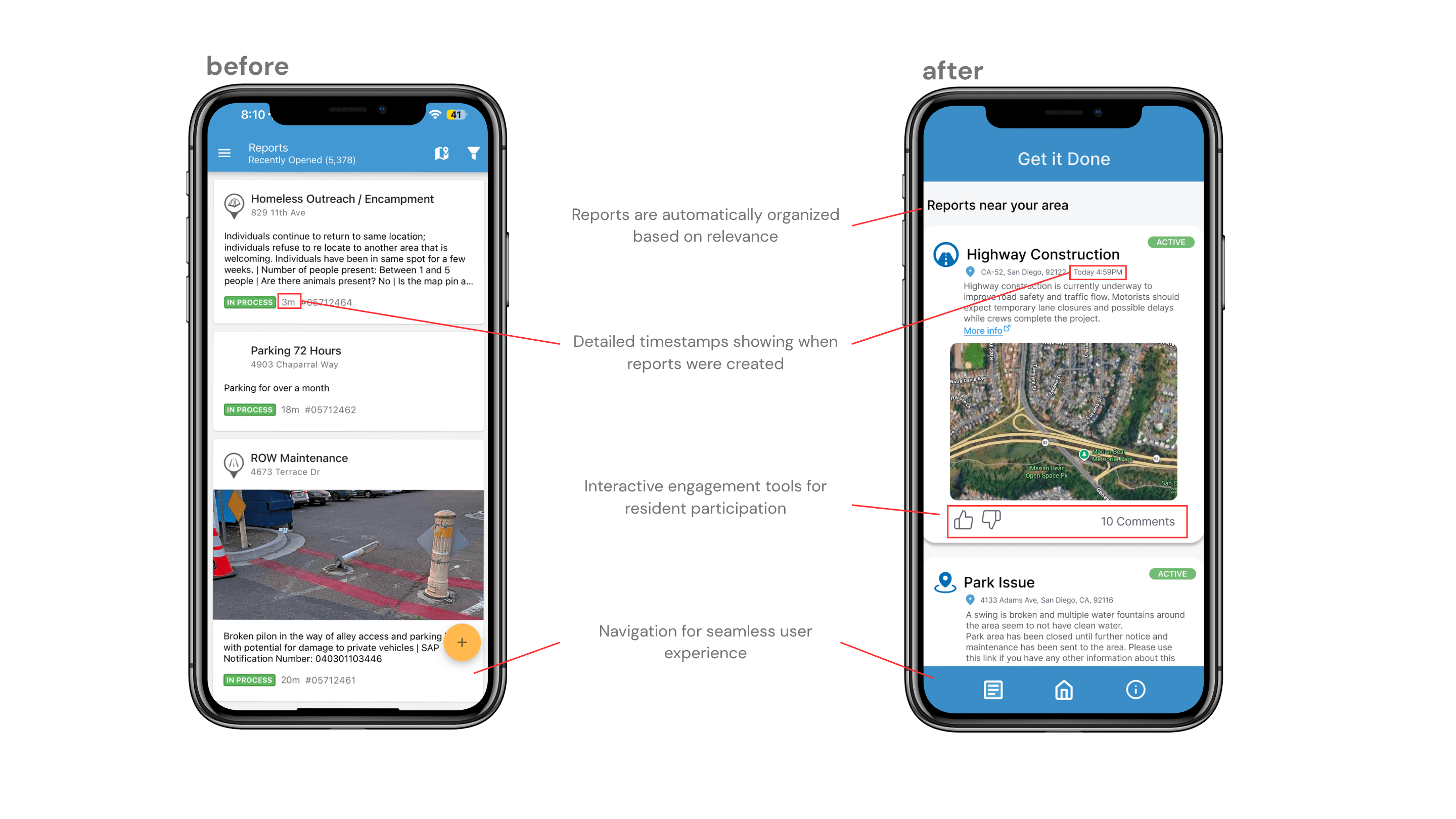 Before and after comparison of the reports feed screen, showing a shift from a dense text list to an image-forward card layout with engagement tools