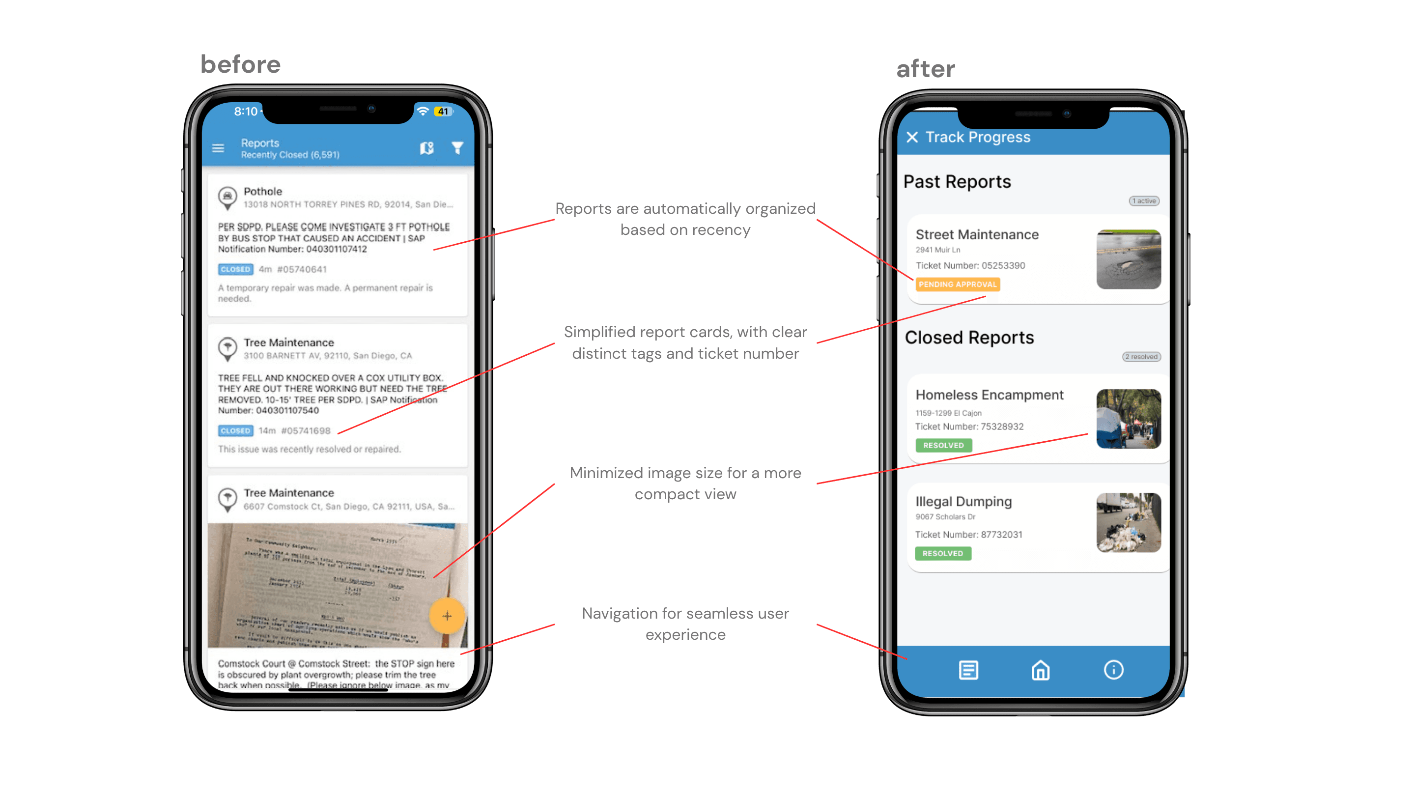 Before and after comparison of the track progress screen, showing a shift from an undifferentiated list to a status-organized view with past and closed report categories